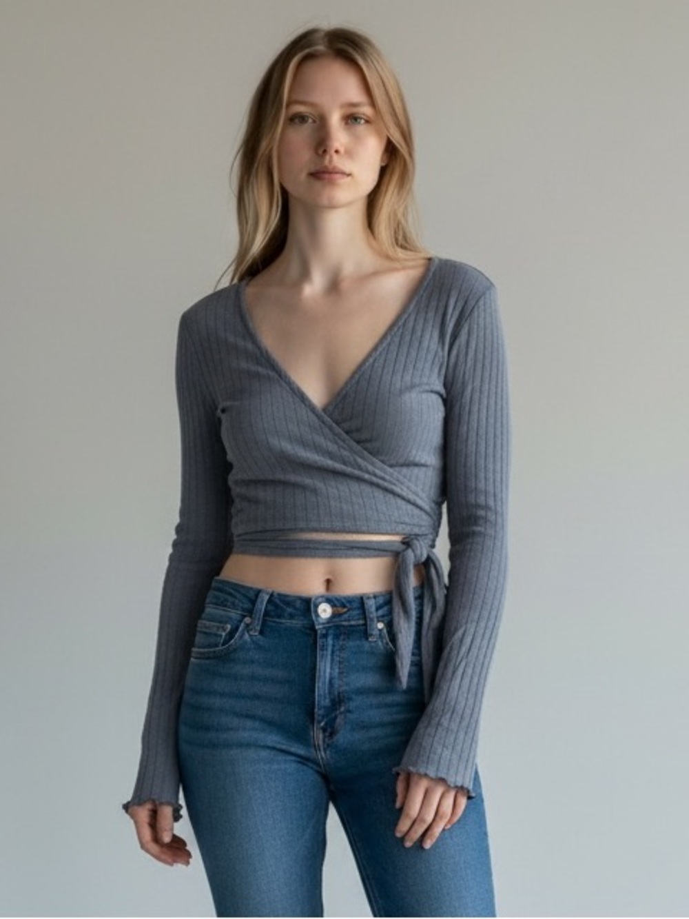 Ribbed Wrap Crop Top in Slate Gray